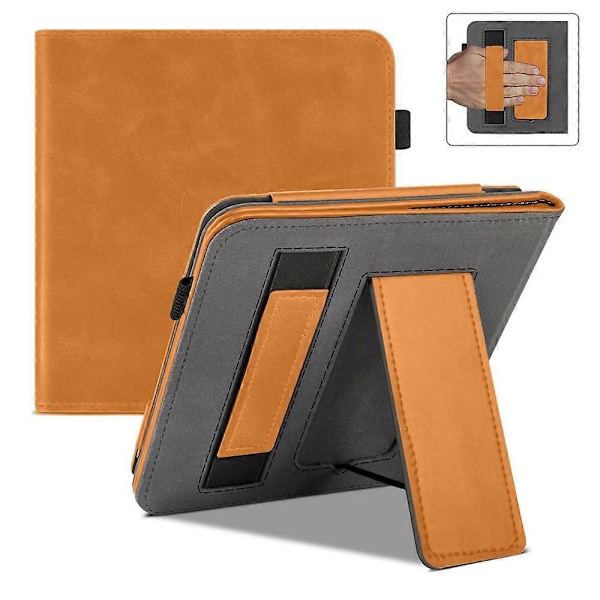 Stativ Etui til 7\" Kobo Libra Colour (2024), Premium PU Læder Stativ Cover med Håndrem og Automatisk Søvn/Vækning Brown