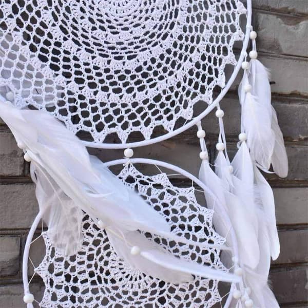 Stor Drømmefanger med 3 Ringe, Hvide Fjer Macramé S