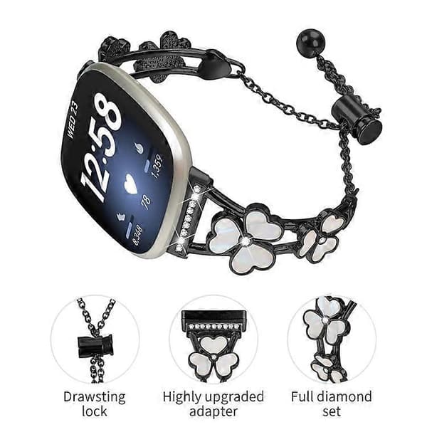 Kompatibel med Fitbit Versa 4 / Sense 2 Urrem Hjerte Kløver Zinklegering Metalrem Black