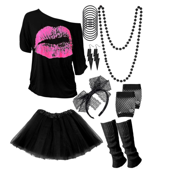 80-luvun 90-luvun naisten asu - T-paita, jalkojenlämmittimet, päänauha, korvakorut, kaulakoru, hanskat - täydellinen neonbileisiin, karnevaaleihin ja pukujuhliin L Black