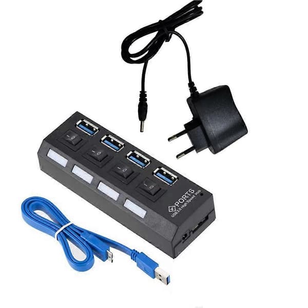USB 3.0 strømadapter 4 porter Multi USB-splitterhub 3.0USB-hub 50 cm kabelhub dokkingstasjon EU-plugg Svart