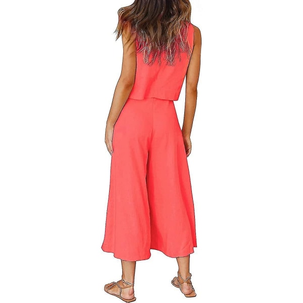 Roylamp Sommer-outfits til kvinder i 2 dele Rundhalset Crop Basic Top Beskåret Bukser med brede ben, Jumpsuits Bright Orange Medium