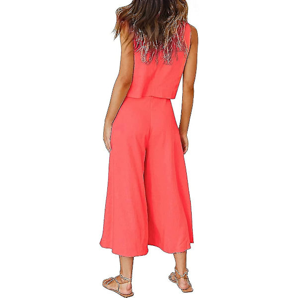 Roylamp Sommer-outfits til kvinder i 2 dele Rundhalset Crop Basic Top Beskåret Bukser med brede ben, Jumpsuits Bright Orange Medium