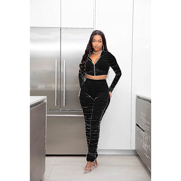 Dam Velvet Tracksuit Set Sexig 2-delad Outfit med Dragkedja och Huva Black M