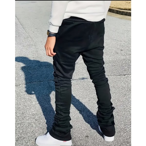 Herr sport casual fyra säsonger långa utsvängda byxor slim fit dragsko elastisk midja enfärgade byxor Black XXL
