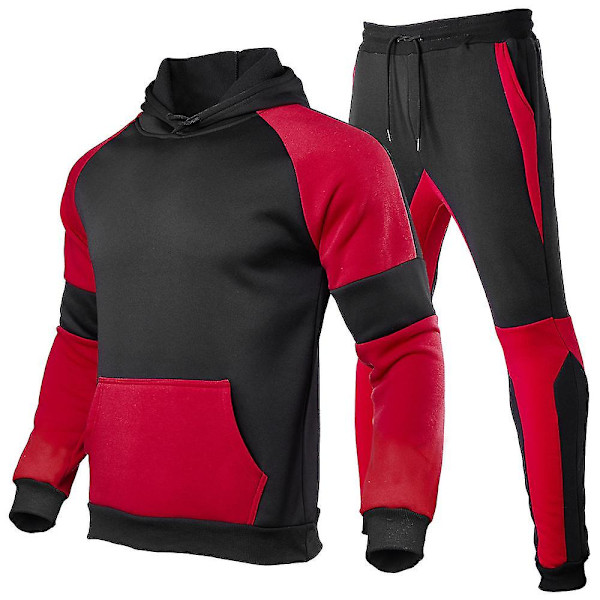 Herrar Höst Vinter Patchwork Tröja Topp Byxor Set Sportdräkt Träningsoverall Red S