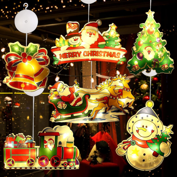 Vinduesjulelys 6-pak - juledekoration Vindueslys med sugekopper til julefest Træ børneværelse indendørs (batteri ikke inkluderet)