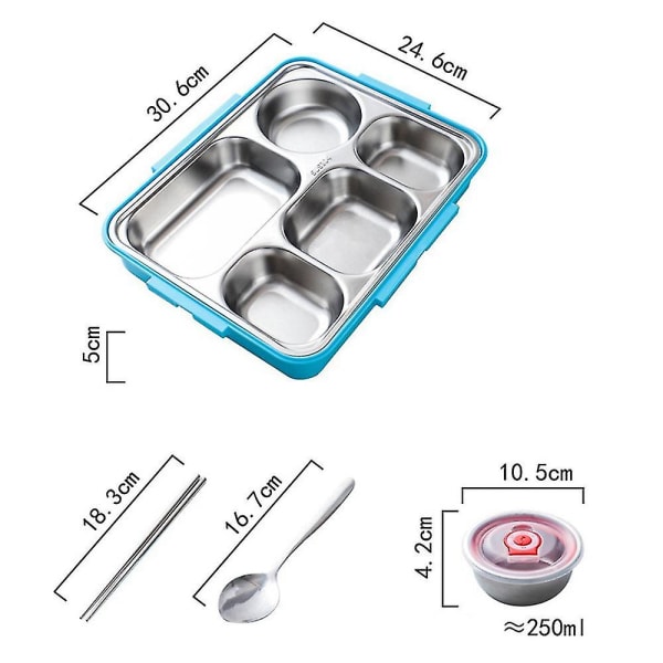 5 fack Lunchlåda Rostfritt stål Läckagesäkra Bento-lådor Soppabehållare Skolmatservis(bl