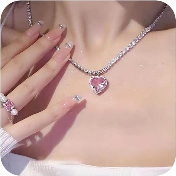 Boho Crystal Tennis Halsband Choker Sparking Red Rhinestone Heart Pendant Halsband Pave Crystal Heart Charm