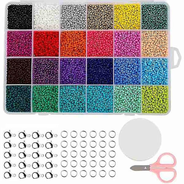 24000 stykker flerfargede 2 mm glassfrøperler med hummerlås, åpen hoppring og elastiske rop