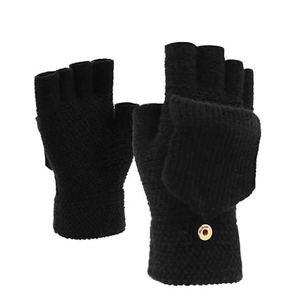 Strikkede konvertible hansker Touchscreen Votter Fingerless Hansker Arbeid Flip Hansker Black