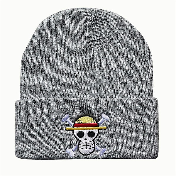 One Piece Tema Pirat Monkey D.luffy Mønster Varm Strikket Lue Hette Til Menn Kvinner Unisex Vinter Mansjett Lue Myk Lue Cap Grey