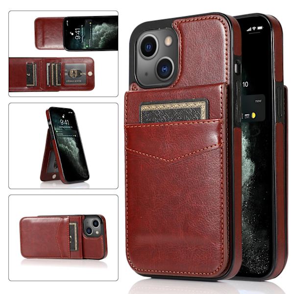 Plånboksfodral med Kortfack, Premium Läder Magnetlås Ställ Robust Skydd för iPhone 26 (brun)（PA） brown iPhone14Plus
