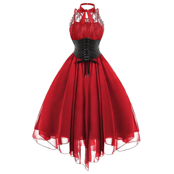 Steampunk Gotisk klänning för kvinnor ärmlös hög låg design spets medeltida kostym Red S