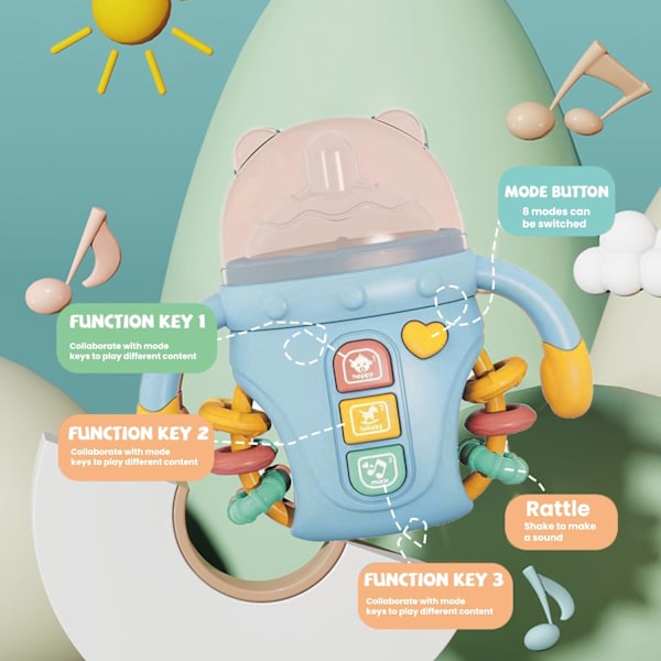 Baby Musical Toys Sensory Learning Toy med musik och ljus, nappbitring, skallerleksak för småbarn, pojkar flickor presenter B-blue
