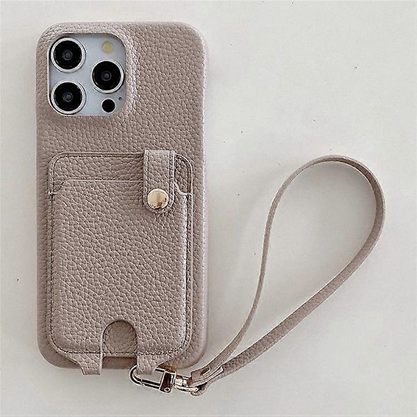 Fodral för iPhone 16 Pro Max, multifunktionella kortfack, läderbaksida med handledsrem Grey