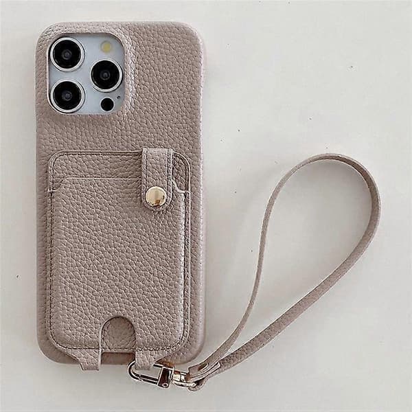 For iPhone 16 Pro Max Deksel Multifunksjonelle Kortspor Lær Bakdeksel med Håndleddsstropp Grey