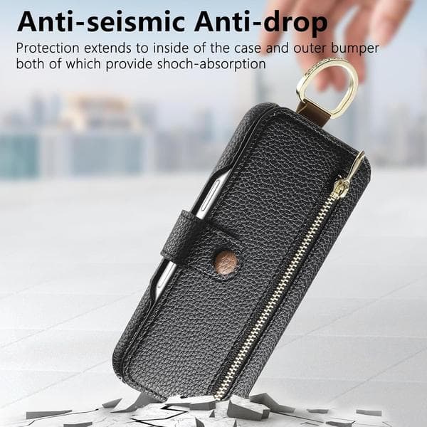 Läderfodral för iPhone 16 Pro Max/16 Pro/16 Plus/16, Handledsrem Flipfodral med Ring RFID-Blockering Blixtlåsplånbok