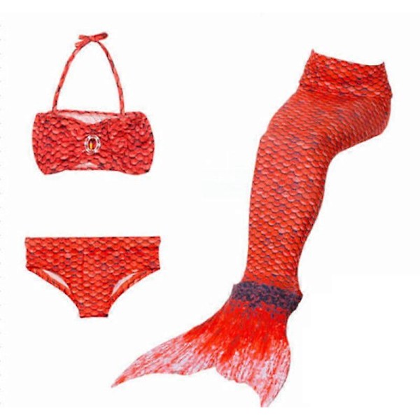 Barnflickor Sjöjungfru 3-Delars Set Cosplay Kostym Fisksvans Bikini Baddräkt Red 9-10 Years
