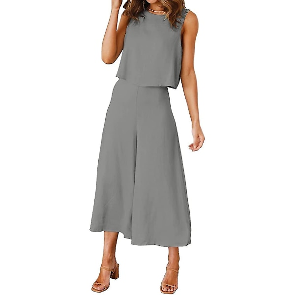 Roylamp Sommer-outfits til kvinder i 2 dele Rundhalset Crop Basic Top Beskåret Bukser med brede ben, Jumpsuits Gray Medium