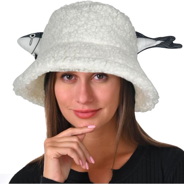 Fuzzy Bucket Hat för Kvinnor och Män - Luddig, Söt Bucket Hat för Vinter, Varm Plysch, Fiskehatt, Fluffig Sherpa, Rolig Hatt Fish-white