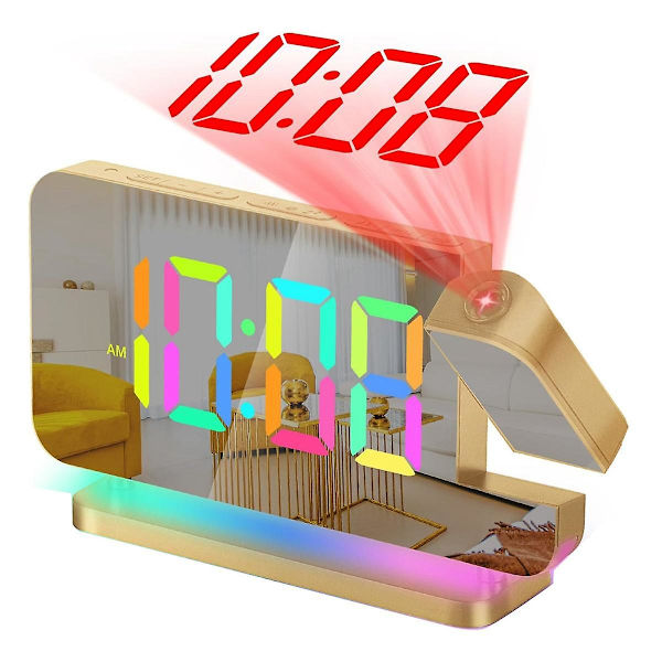 Projektionsvækkeur, 7,4 tommer LED-spejl digitale ure-skærm, +180 roterbar projektor, natlys guld Gold