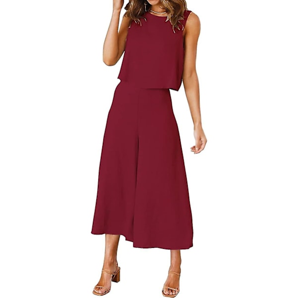 Roylamp Sommer-outfits til kvinder i 2 dele Rundhalset Crop Basic Top Beskåret Bukser med brede ben, Jumpsuits Burgundy Medium
