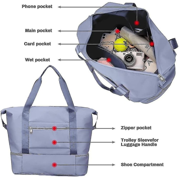 Viikonloppulaukku naisille, 36 litran suuri matkatavaralaukku, kuiva ja märkä erillinen yölaukku, vedenpitävä kuntosalilaukku, taitettava käsimatkatavarakassi blue