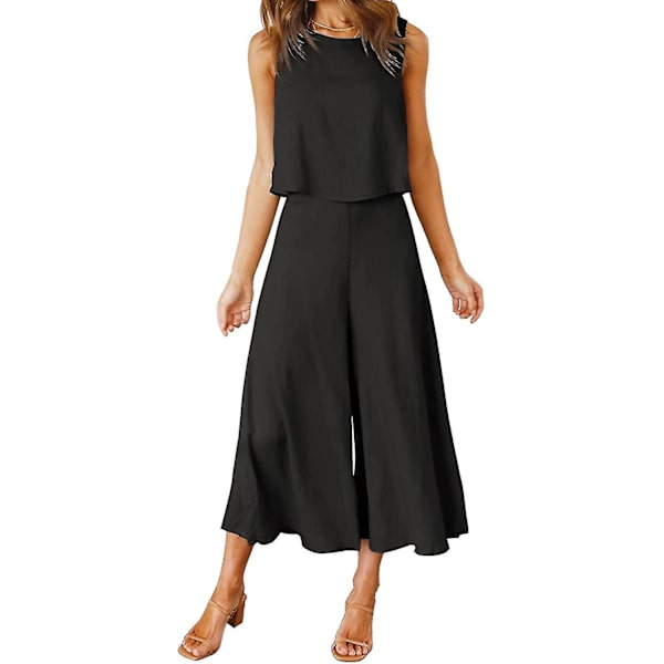 Roylamp Sommer-outfits til kvinder i 2 dele Rundhalset Crop Basic Top Beskåret Bukser med brede ben, Jumpsuits Black Medium