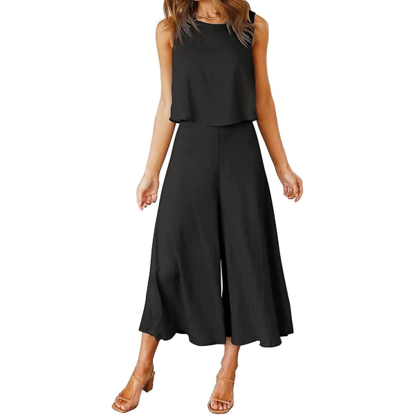 Roylamp sommerantrekk for kvinner i 2 deler Rundhalset Crop Basic Topp Beskåret buksesett med brede ben, Jumpsuits Black X-Small