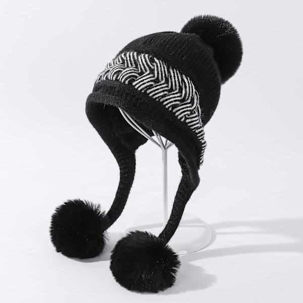 Dam vinter Peruvian öronbeklädnad Beanie Hat Öronklaffar Sherpa Skidmössa Stickad Fleecefodrad 3 Pom Black One Size