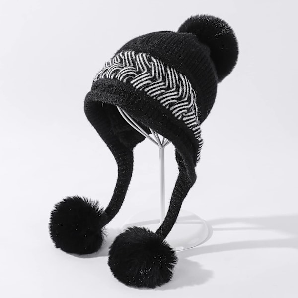 Dame Vinter Peruansk Øredekkende Beaniehatt med Øreflapper Sherpa Ski Snøhatter Strikket Fleecefôret 3 Pom Black One Size