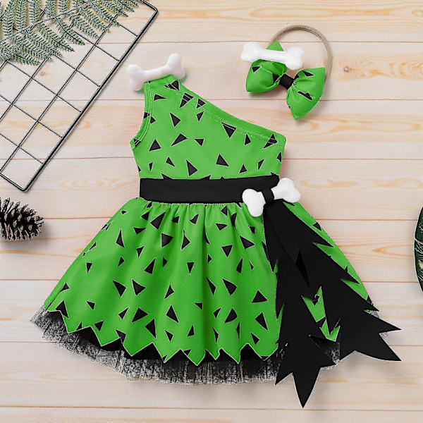 Flickklänning Flinstones Pebbles Kostym Baby Flicka Historia Grottmänniska Stenålder Päls Kläder Baby Flickor Kostym Outfits Flera Storlekar Tillgängliga Green 100