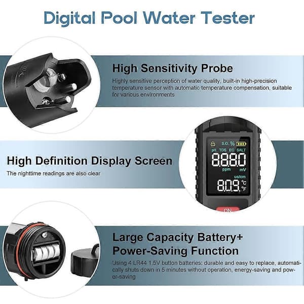 Pool Salt Tester, PH-meter, 7-i-1 TDS Salinitetstester EC Orp S.G.Temp og Ph Tester Digital (0,01 præcision) til Akvarium