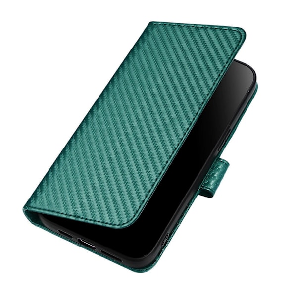 Plånboksfodral för iPhone 16 Plus med rem, kolfibertextur läder mobilskal Blackish Green