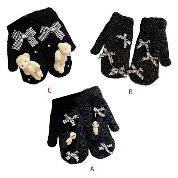 Rutiga handskar med rutmönster, helfinger, björnvant, plysch, vintervarma, tecknade handskar Red panda with bow
