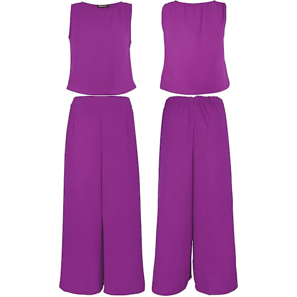 Roylamp Sommer-outfits til kvinder i 2 dele Rundhalset Crop Basic Top Beskåret Bukser med brede ben, Jumpsuits Purple X-Small