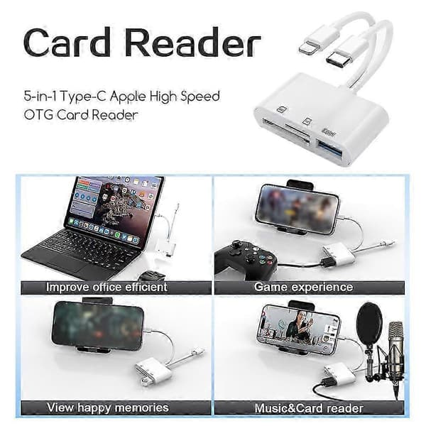 5-i-1 SD Hukommelseskortlæser til iPhone Androids Kamera, USB C og Lightning Dobbeltport SD Kortadapter, Understøtter SD/micro SD/USB 3.0
