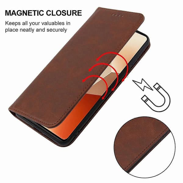 Magnetisk læder telefoncover til Xiaomi Redmi Note 13 5G Brown
