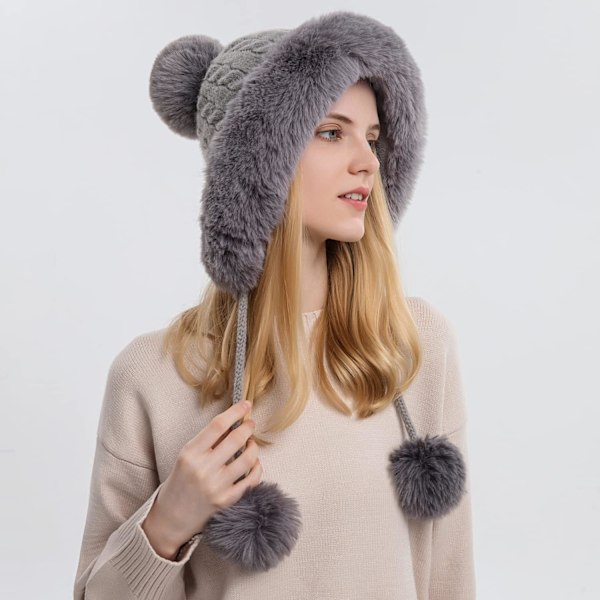 Dam vinter Peruvian öronbeklädnad Beanie Hat Öronklaffar Sherpa Skidmössa Stickad Fleecefodrad 3 Pom Grey Solid One Size