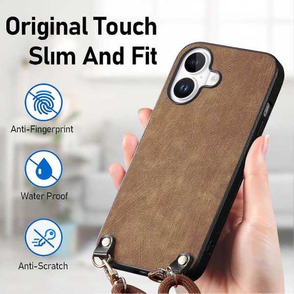 Retro skinndeksel til iPhone 16 med justerbar stropp Brown