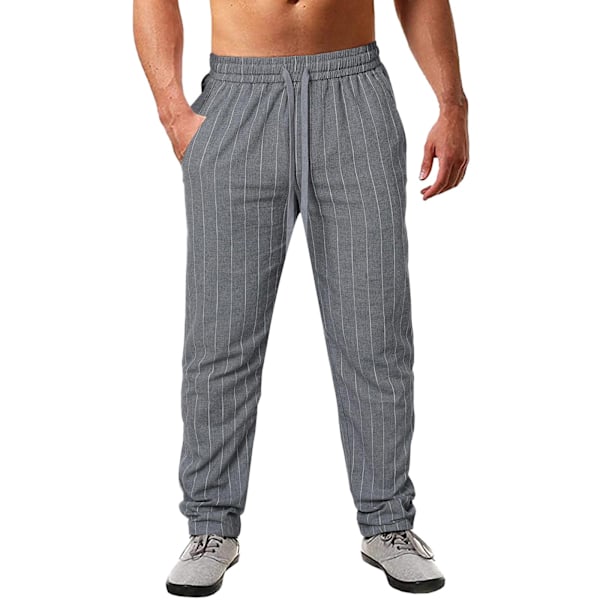 Nya Herr Vertikalrandiga Dragsko Elastisk Midja Bomull och Linne Strandbyxor Casual Byxor Grey M
