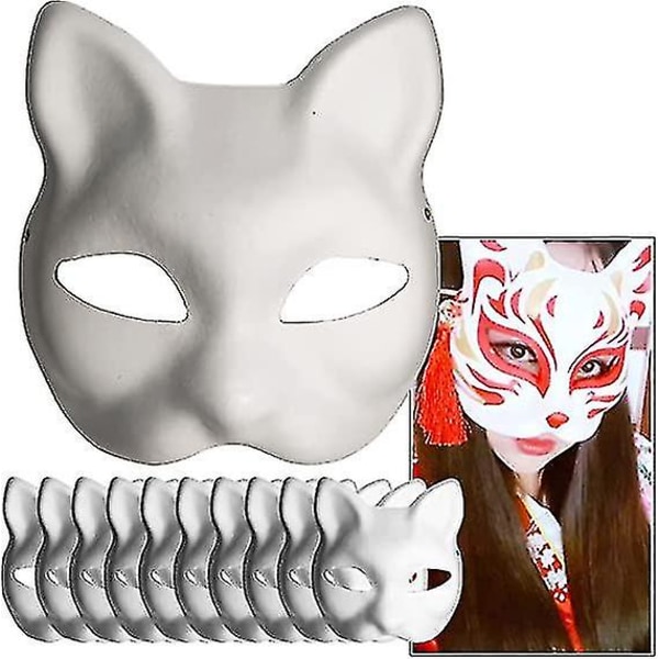 White Paper Mask Cat Face - 10 stykker, Pulp Blank håndmalet maske, personligt design, velegnet til Halloween Fancy Dress Cosplay