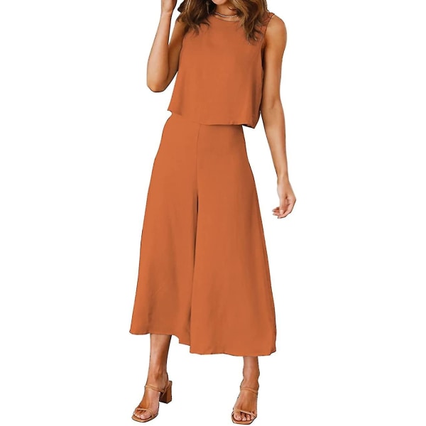 Roylamp Sommer-outfits til kvinder i 2 dele Rundhalset Crop Basic Top Beskåret Bukser med brede ben, Jumpsuits Dark Orange Large
