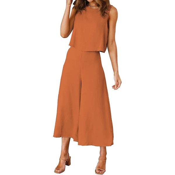 Roylamp sommerantrekk for kvinner i 2 deler Rundhalset Crop Basic Topp Beskåret buksesett med brede ben, Jumpsuits Dark Orange Medium