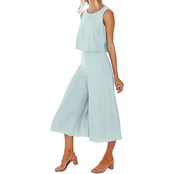 Roylamp Sommer-outfits til kvinder i 2 dele Rundhalset Crop Basic Top Beskåret Bukser med brede ben, Jumpsuits Light Cyan X-Small