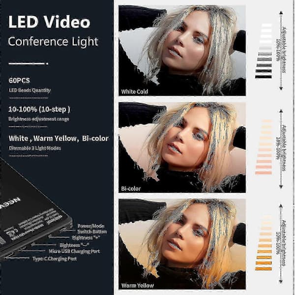 Genopladelig 60 LED Selfie-lys, 2000mAh, CRI 95+, 3 tilstande, bærbar klips til P