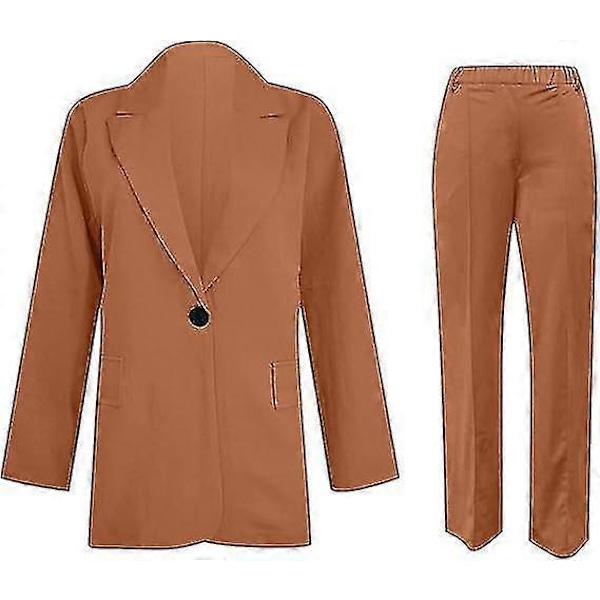 Dame 2-delt Outfit Blazer Sæt Elegant Business Arbejdstøj Vintage Klassisk Ensfarvet Rynket Ærme Åben Front Jakke Og Straight Leg Penci 4XL Brown