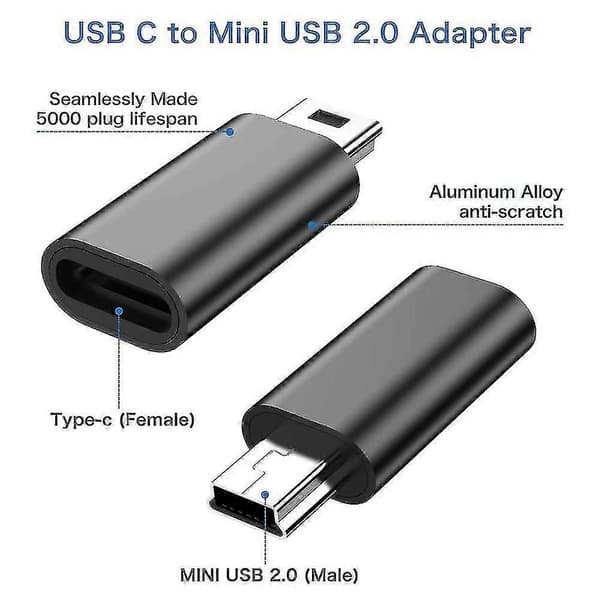Mini USB til USB-C Adapter - 4 stk. Mini USB Han til Type C Hun Konverteringsadapter til MP3-afspillere Svart