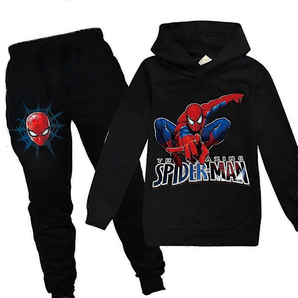 Spiderman Børne Tracksuit Sæt Trøje Med Hættetrøje Og Bukser 2 Dele Outfit Sæt Jogging Hættetrøje Sæt Til Drenge Piger Alder 7-14 År Black 7-8Years